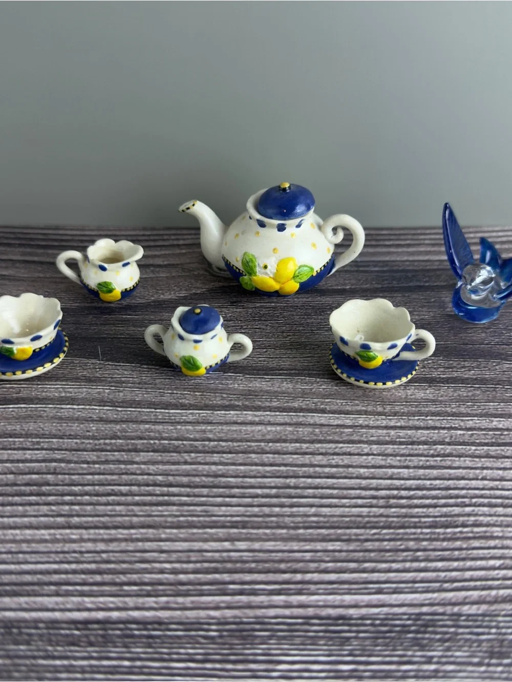 Mini Ceramic Miniature Tea Set Bundle w/ Teapot Cups Sugar Creamer & Blue Bird